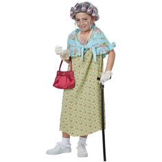 Child's Old Lady Costume Kit. The perfect accessory kit for your child if they have to portray an older character. Kit includes: Grey wig with attached pink curlers, blue shawl with print and flower clip. Available Sizes: One size fits most children Dress, glasses, gloves, purse, socks, cane and shoes are not included.

Special Shipping Information: This item ships separately from other items in your order. This item cannot ship to a P.O. Box. This item may be subject to additional processing da Kids Old Lady Costume, Granny Costume, Grandma Costume, Old Lady Costume, Kids Wigs, California Costumes, Blue Shawl, Theatre Costumes, Dress Clip