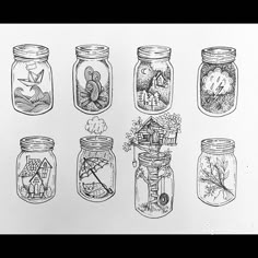 six mason jars filled with different types of things to see in them, all drawn by hand