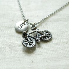 "❖ Bicycle Charm 3D: in Antique Silver Pewter. Approx: 1/2 X 1\" Lead free pewter charm made in U.S.A. ❖ Hand Stamped Initial Charm - Antique Silver Pewter 3/8\" (9mm) ❖ Click below for Bicycle necklace in Antique Gold Pewter: https://www.etsy.com/listing/123733551 ❖ Add a birthstone or Freshwater pearl for $3.50 https://www.etsy.com/listing/110444872 ❖ Additional Hand Stamped Initial Charms $4.50 each: https://www.etsy.com/listing/107021419 ❖ Go back to Short and Bald Jewelry http://www.etsy.co Personalized Vintage Silver Charm Necklace, Vintage Personalized Silver Charm Necklace, Vintage Style Personalized Silver Charm Necklace, Hand Stamped Silver Stainless Steel Charm Necklaces, Silver Stamped Charm Necklace For Birthday, Silver Hypoallergenic Charm Necklace For Birthday, Personalized Silver Charm Necklace Nickel Free, Personalized Silver Nickel-free Charm Necklace, Silver Nickel-free Charm Necklace For Personalized Gifts