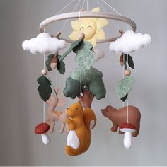 a mobile with animals hanging from it's sides