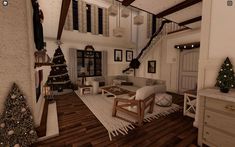 a living room filled with furniture and christmas trees on top of wooden floored floors