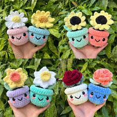 handmade crocheted flower pots with faces on them in front of green leaves