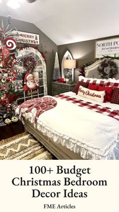 a bedroom decorated for christmas with red and white decor on the walls, bedding and decorations