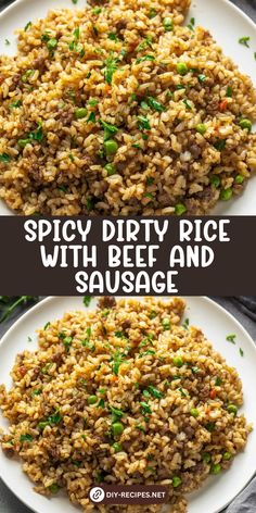 Turn up the heat with this spicy Dirty Rice! Ground beef, sausage, and Cajun spices come together for a meal that's bursting with flavor. Zatarains Dirty Rice Recipe, Dirty Rice With Ground Beef, Cajun Dirty Rice Recipe, Cajun Dirty Rice, Ground Sausage Recipes, Recipes Using Ground Beef, Man Recipes