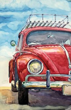 a painting of an old red car with a surfboard on the roof and front grill