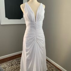 Never Worn, White Midi Dress With A Lot Of Cute Detail. Bought For Beach Wedding But I Went With A Colored Dress Instead. See Photos For Dress Measurements - Size Not Printed On Dress - Equivalent To Size 8 White Ruched Evening Dress For Formal Occasions, Formal White Ruched Evening Dress, Fitted White Evening Dress With Ruched Bodice, Sleeveless White Mother Of The Bride Evening Dress, White Sleeveless Formal Mother Of The Bride Dress, Sleeveless White Evening Dress For Mother Of The Bride, White Sleeveless Mother Of The Bride Dress, White Sleeveless Dress For Mother Of The Bride, Fitted White Mother Of The Bride Evening Dress