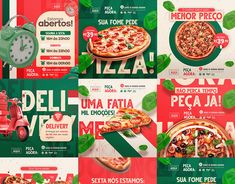 pizza adverts are displayed in four different colors and sizes, including green leaves