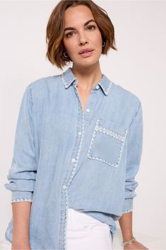 Embroidered trim adds a stylish touch to the Saya button-down by Rails, crafted in soft Tencel denim with a relaxed fit, left chest pocket, and curved hem. Wear with cargo pants or cutoffs, or leave it open with a tank and jeans. Rails Clothing, Tencel Denim, Indian Photoshoot, Embroidered Trim, Exclusive Dress, Brand Style Guide, Fashion 101, Fall Shopping, Summer Trends