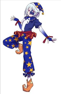 an anime character with white hair and blue eyes, wearing a star patterned outfit while holding onto her leg