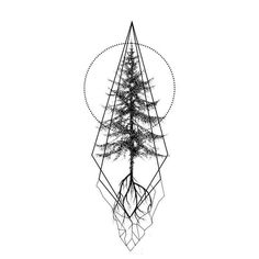 a black and white drawing of a tree with roots in it's center surrounded by geometric shapes