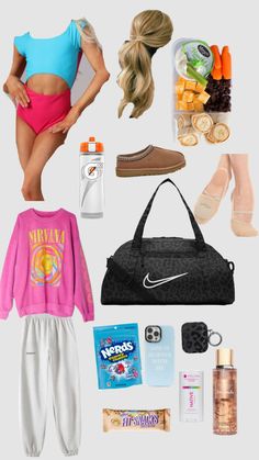 the contents of a woman's travel bag including shoes, clothing and other items