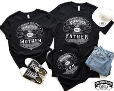 Matching family shirt set - funny vintage whiskey label shirts for father, mother, baby, son and daughter! Family humor retro outfit gift for mommy and me and daddy and me! Check out our full collection of awesome family shirt sets here: https://www.etsy.com/shop/MyFuntasticFamily?mcnav§ion_id=29632816 HOW TO ORDER: All shirts are added individually to the basket. * Choose shirt variant/text. * Choose size & model. * Write the shirt color to the personalisation box. * If chosen, write the custom Cotton Graphic Print Shirt For Family Events, Cotton Tops For Family Gatherings On Father's Day, Cotton Top For Family Gatherings On Father's Day, Father's Day Graphic Print Tops For Family Gatherings, Family Shirt With Custom Print For Father's Day, Custom Print Shirt For Father's Day, Father's Day Family Shirt With Name Print, Father's Day Family Custom Print Shirt, Black Shirt For Father's Day