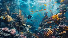 an underwater scene with corals and tropical fish in the water, surrounded by other marine life