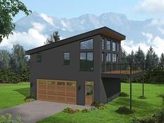 this is a computer rendering of a two story house with garage and attached porches