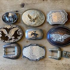 "vintage/retro belt buckles from my collection. listed top to bottom, left to right top left: deer buckle, 2.5\" across, almost 2\" top to bottom left middle: large silver eagle on black enamel with scrolling design, 3.5\" across x 2.75 top to bottom bottom left: large silver metal engraved floral, 2.5\" x 2.5\" middle top: large eagle on silver engraved flourish, marked made in USA on the back, 3.5\" x 2.75\" middle middle\" rodeo rider 2.5\" x 1.5\" middle bottom: large rhinestone buckle, 3.5\ Large Belt Buckle, Belt Buckle Aesthetic, Belt Buckles Cowgirl, Big Belt Buckle, Cool Belts, Cowboy Belts, Metal Cowboy, Cowgirl Belt, Rodeo Belt Buckles