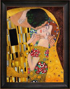 a painting of two people hugging each other in front of a gold background with circles