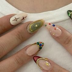 Mix Match Almond Nails, Quirky Nail Ideas, Mixed Nail Art, New Orleans Nail Ideas, Mix Nails Designs, Retro Nail Designs Vintage, Fall Mismatched Nails, Different Pattern Nails