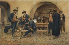 an image of a group of men playing instruments in front of a stone oven with another man sitting at a table