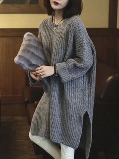 Casual Sweaters Women, Solid Dress Casual, Long Sweaters For Women, Thick Sweaters, Long Pullover, Grey Knit Sweater, Knitted Jumper, 가을 패션, Casual Sweaters