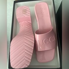 Rubber Material , Pink Gucci Slides Designer Pink Patent Leather Sandals, Pink Gucci Slip-on Sandals, Designer Pink Slip-on Heels, Trendy Pink Gucci Sandals, Designer Gucci Flat Heels, Gucci Designer Flat Heels, Designer Gucci Heels With Flat Heel, Pink Gucci Slides, Gucci Slides