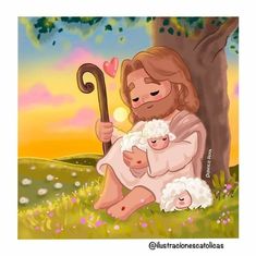 a painting of jesus holding a baby in his arms while sitting next to a tree