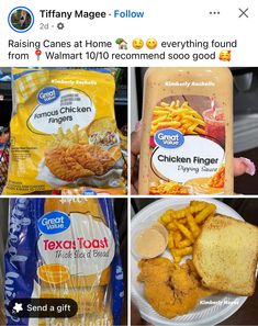 some food is shown in four pictures and one has chicken fingers, french fries, macaroni and cheese