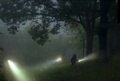 two people are walking in the dark with lights shining on their bodies and trees behind them