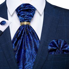 Material: SILK Item contains: 1*Ascot + 1*Cufflinks + 1*Pocket Square Ascot Size: Total Length:49.6"(126cm) The Widest Part:5.9"(15cm) The Narrowest Part:2.2"(5.5cm) Weight: 80g Cravat Tie, Blue Paisley, Suit And Tie, Pocket Square, Wedding Ring, Cufflinks, Paisley, Shoe Accessories, Mens Accessories