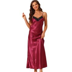 This soft fabric and breathable lounge dress for women is constructed of 100% polyester fabric, comfy, moisture-wicking, breathable, and skin friendly. Featuring maxi length and sleeveless with lace trim design, make you feel cozy all night, and enjoy a comfortable sleep and sweet dream.Great for loungewear, nightwear, sleepwear, home bedroom, daily wear. No matter the cozy bedtime, casual home relaxation, laze afternoon, or comfy bath, the soft and lightweight nightdress can company with you al Red V-neck Camisole For Sleep, Sleeveless Camisole For Pajama Party, Solid Sleeveless Camisole For Pajama Party, Red V-neck Slip Dress For Sleep, Satin Sleeveless Camisole For Bedtime, Sleeveless Satin Camisole For Bedtime, Red Sleeveless Satin Camisole, Red Spaghetti Straps Camisole For Sleep, Red Camisole Sleepwear For Loungewear