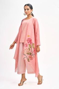 Peach jacket with floral print all over. Paired with inner and stripe print pant. - Aza Fashions Peach Jacket, Peach Pants, Organza Jacket, Print Pant, Floral Jacket, Print Jacket, Pants Pattern, Pant Set, Printed Pants