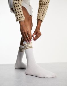 Socks & Tights by Six Stories Cold feet, who? Ribbed cuffs Text print detail High cut Gold Trend, Text Print, Tshirt Outfits, High Cut, Gold Style, Socks Women, Cotton Spandex, Baskets, Topshop