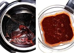 two pictures side by side showing the inside of an electric pressure cooker with red sauce in it