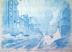 a drawing of a city street in blue ink