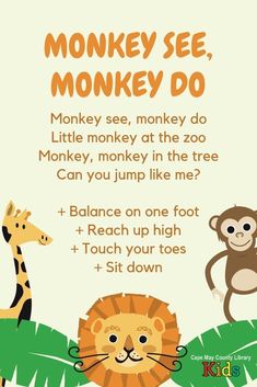 a poster with some animals on it and the words monkey see, monkey don't