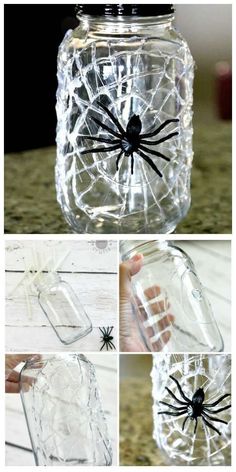 the inside of a glass jar with spider webs on it, and instructions to make it