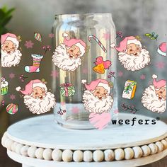 Retro Pink Santa Presents UV DTF Cup Wrap - Weefers Santa Presents, Pink Santa, 16oz Glass Can, Cold Cups, Cup Decal, Glass Decals, Tumbler Decal, Different Angles, 40oz Tumbler