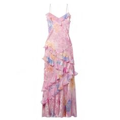 floral-print-light-pink-blue-yellow-multi-color-floral-patterned-satin-silk-shimmer-layered-ruffle-trim-slim-fit-bodycon-silhouette-spaghetti-strap-v-neck-flowy-tiered-slip-midi-long-maxi-dress-evening-gown-couture-women-ladies-chic-trendy-spring-2024-summer-elegant-semi-formal-casual-classy-feminine-prom-gala-party-wedding-guest-debutante-preppy-style-beach-vacation-sundress-rialto-loveshackfancy-zimmerman-revolve-fillyboo-dupe Pink Eras Tour Dress, Prom Sundress, Summer Dresses Maxi, Pink Zinnia, Soft Pink Dress, Preppy Prom, Strap Maxi Dress, Ruffle Maxi Dress, Spaghetti Strap Maxi Dress