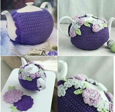 crocheted tea pot cover with flowers and leaves on the top, in different stages of being made