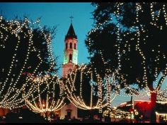 christmas lights decorate the trees in front of a church