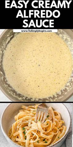 two pictures showing how to make creamy alfredo sauce