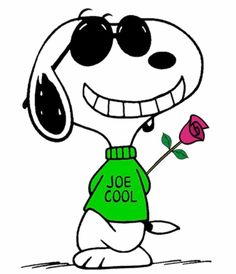 a cartoon dog with sunglasses holding a rose in its mouth and wearing a green shirt that says joe cool