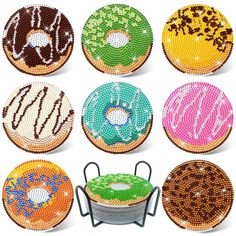 six donuts with different designs on them