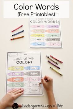 the color words worksheet is shown with crayons