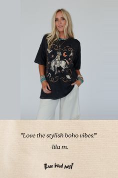 So cool, you're going to love the Wild Ride Graphic Tee, a perfect western - boho touch to any outfit! Comfortable, mineral - washed, tee shirt fabric Relaxed and loose tee shirt silhouette Classic crew neckline and dropped shoulders with loose short sleeves So cute cowgirl riding horse graphic Distressed details along neckline, cuffs and hem for added boho style Pair with: Sophie Crochet Lace Bralette, So Laid Back Textured Drawstring Pants and Turquoise Cascade Necklace. *Due to lighting and d Bohemian Crew Neck Washed Tops, Bohemian Washed Crew Neck Tops, Bohemian Distressed Crew Neck Top, Bohemian Soft-washed Relaxed Fit Top, Bohemian Soft-washed Relaxed Top, Bohemian Acid Wash Crew Neck Top, Bohemian Distressed Short Sleeve T-shirt, Bohemian Style T-shirt For Fall Festival, Bohemian Washed Short Sleeve T-shirt