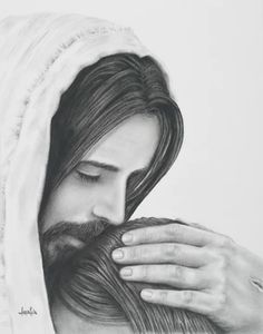 a pencil drawing of jesus holding his head