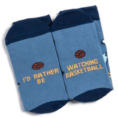 Buy On Amazon Boom Shakalaka! These cool crew socks feature a colorful design with basketballs, hoops, trophies, sneakers and famous jerseys. The bottom of the socks sport a funny secret message that will get a big smile from any basketball lover: “I’d Rather be Watching Basketball”. It's the perfect gift for basketball fans, players and coaches too! Sports fans will love wearing these funky socks at work, the gym, or at home watching the game. They’re an easy Father’s Day gift idea for dads, an Casual Blue Socks For Sports Events, Casual Blue Socks With Letter Print, Cute Basketball Socks, Sports Cotton Socks With Letter Print, Socks Sport, Nike Basketball Socks, Boom Shakalaka, Nba Basketball Shorts, Graphic Basketball Shorts