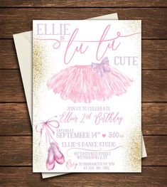 a pink and gold ballerina birthday party card with the words, little tutu cutie on it