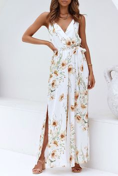 White Poppy Print Belted Cami Wide Leg Jumpsuit Leopard Satin Dress, Comfy Jumpsuits, White Poppy, Fitted Jumpsuit, Spaghetti Strap Maxi Dress, Poppy Print, Chambray Dress, One Piece Outfit, White Jumpsuit