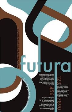 an abstract poster with the words futura in brown, blue and white letters on it