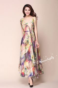 Chiffon V Neck Flower Long Party Dress Evening Wedding Lightweight Sundress Summer Holiday Beach Dress Bridesmaid Dress Maxi Skirt MD05 Detail Info: ❤ Color: Flower D as picture More color choice link: https://www.etsy.com/listing/213656440/chiffon-dress-color-card?ref=shop_home_feat_1 You just note the color number you want with order. ❤ Material: Chiffon ❤ The dress doesn't limit the chest size and waitst size, arm hole 45cm (if your upper arm circle circumference is more than 40cm, please not